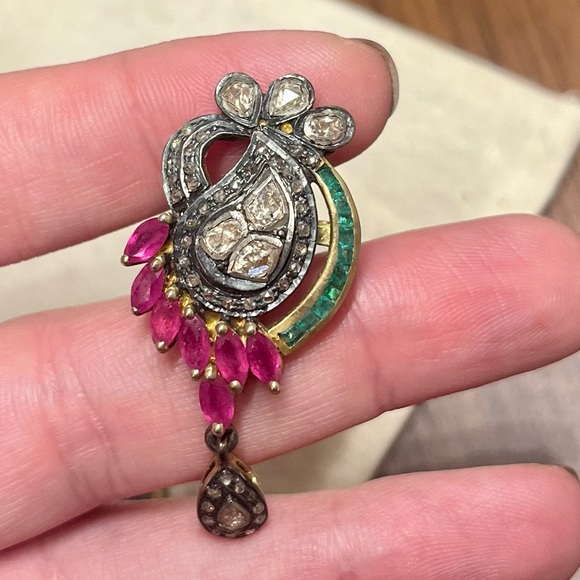 **Fine Jewelry** Indian Motif Drop Earrings w/ Emeralds Diamonds & Rubies
